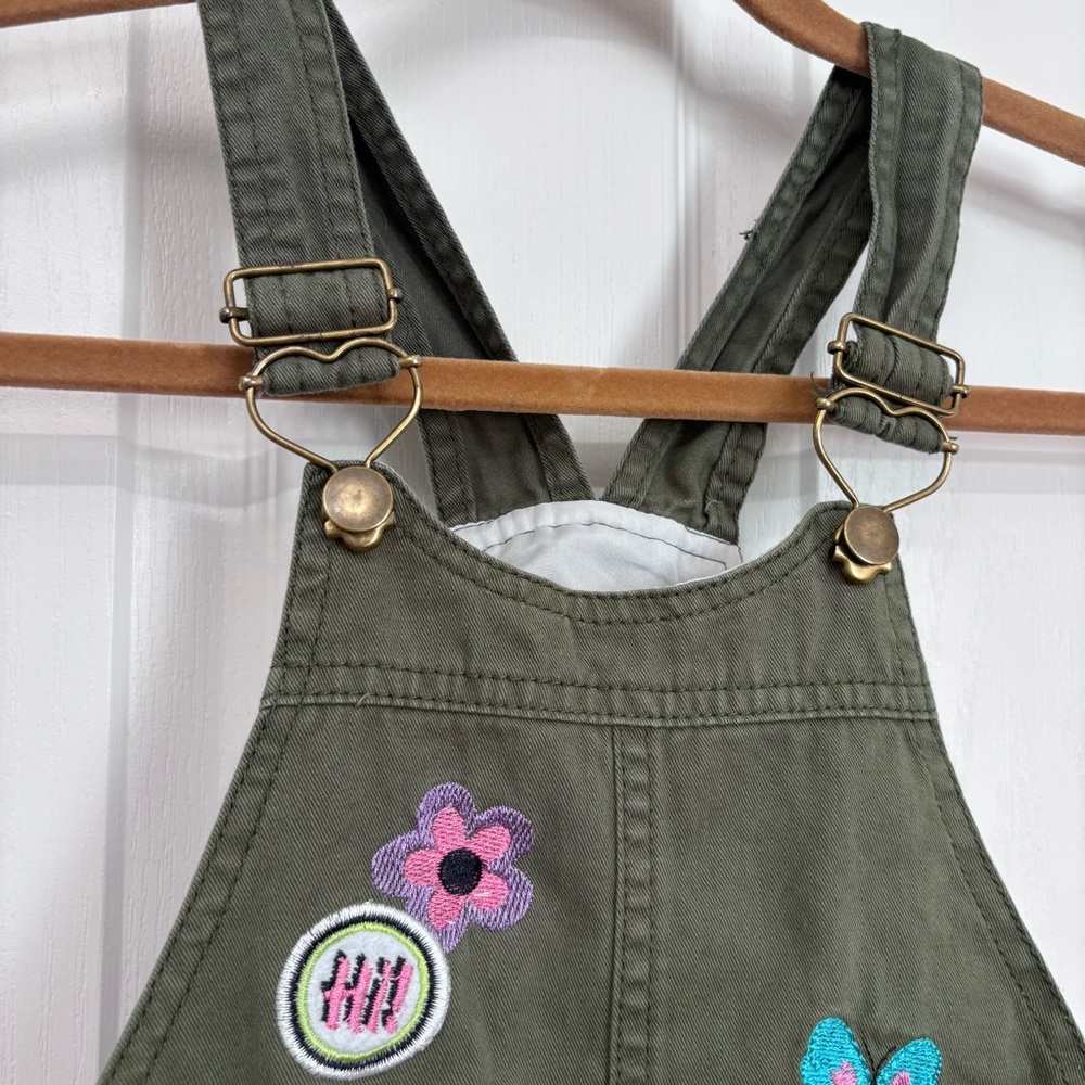 Embroidered Short Overalls | Girls 5 | Olive Green - Picture 3 of 7